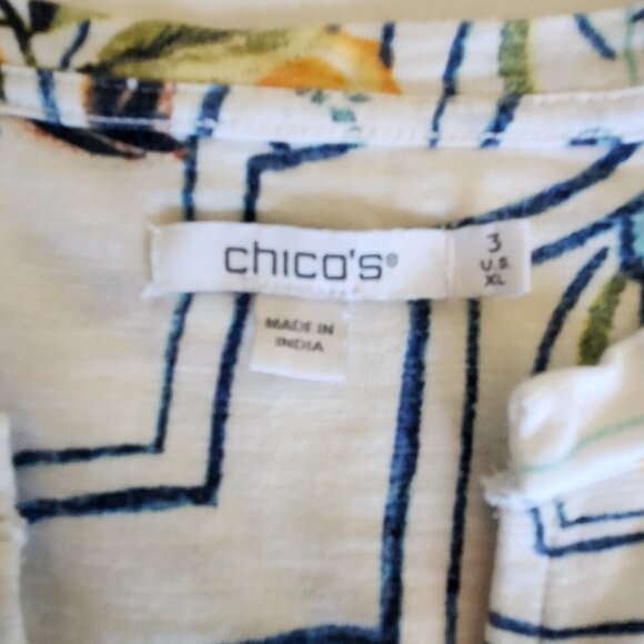 Chico's Women's Size 3/16 Tropical Print Short Sleeve Notched Neck Cotton Tee - Picture 15 of 16